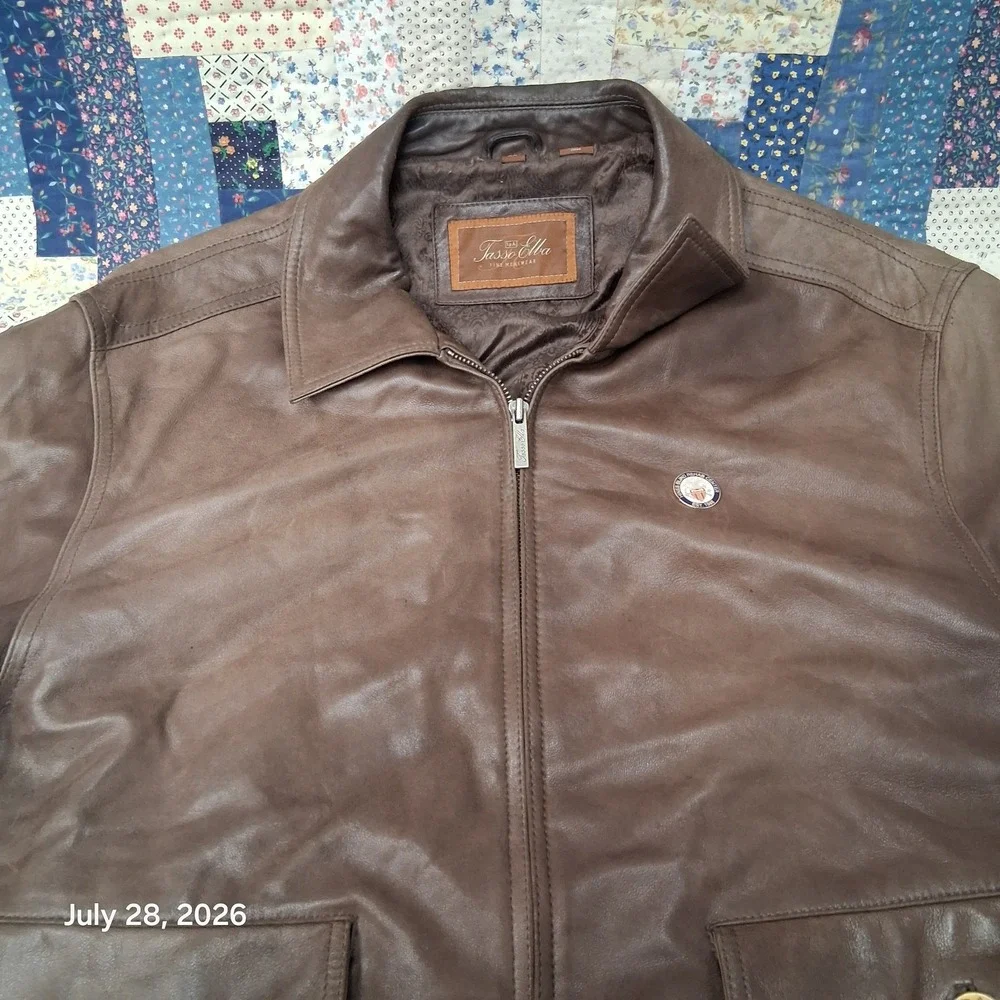 Tasso Elba Mens XL Brown Leather Bomber Jacket Full Zip Ribbed Waist Y2K Lined